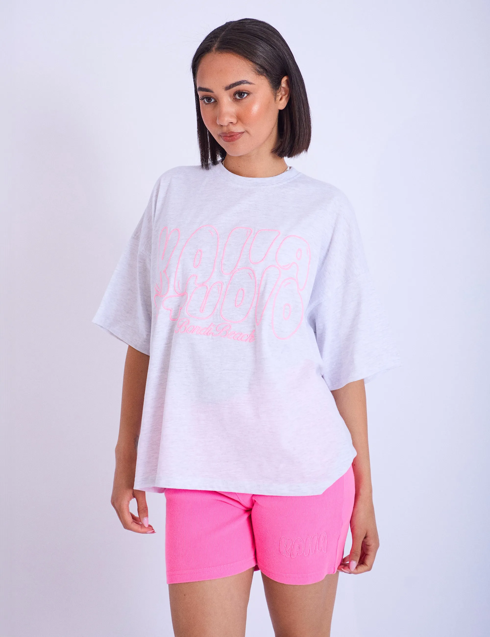 Kaiia Studio Embroidered Bubble Logo Oversized T-shirt Grey Marl & Pink sold by Public Desire