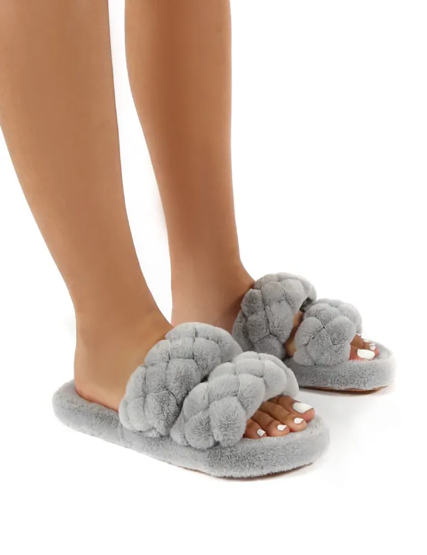 Minky Grey Fluffy Double Strap Slippers sold by Public Desire
