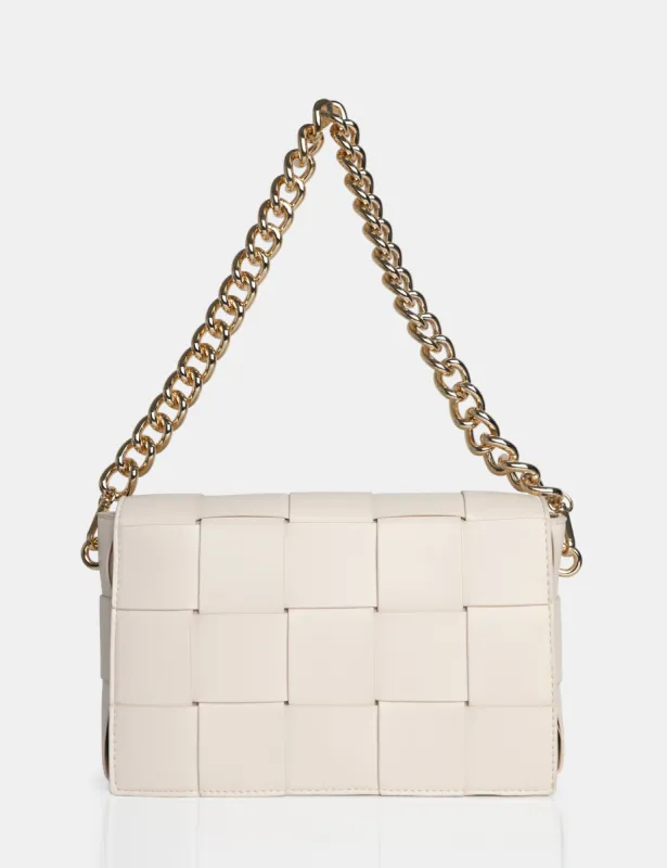 The Mayan Ecru Weave Gold Chain Detail Shoulder Bag sold by Public Desire