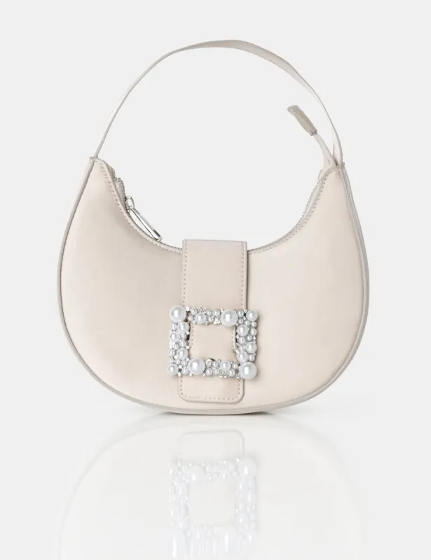 The Pearl Champagne Satin Pearled Buckle Mini Bag sold by Public Desire