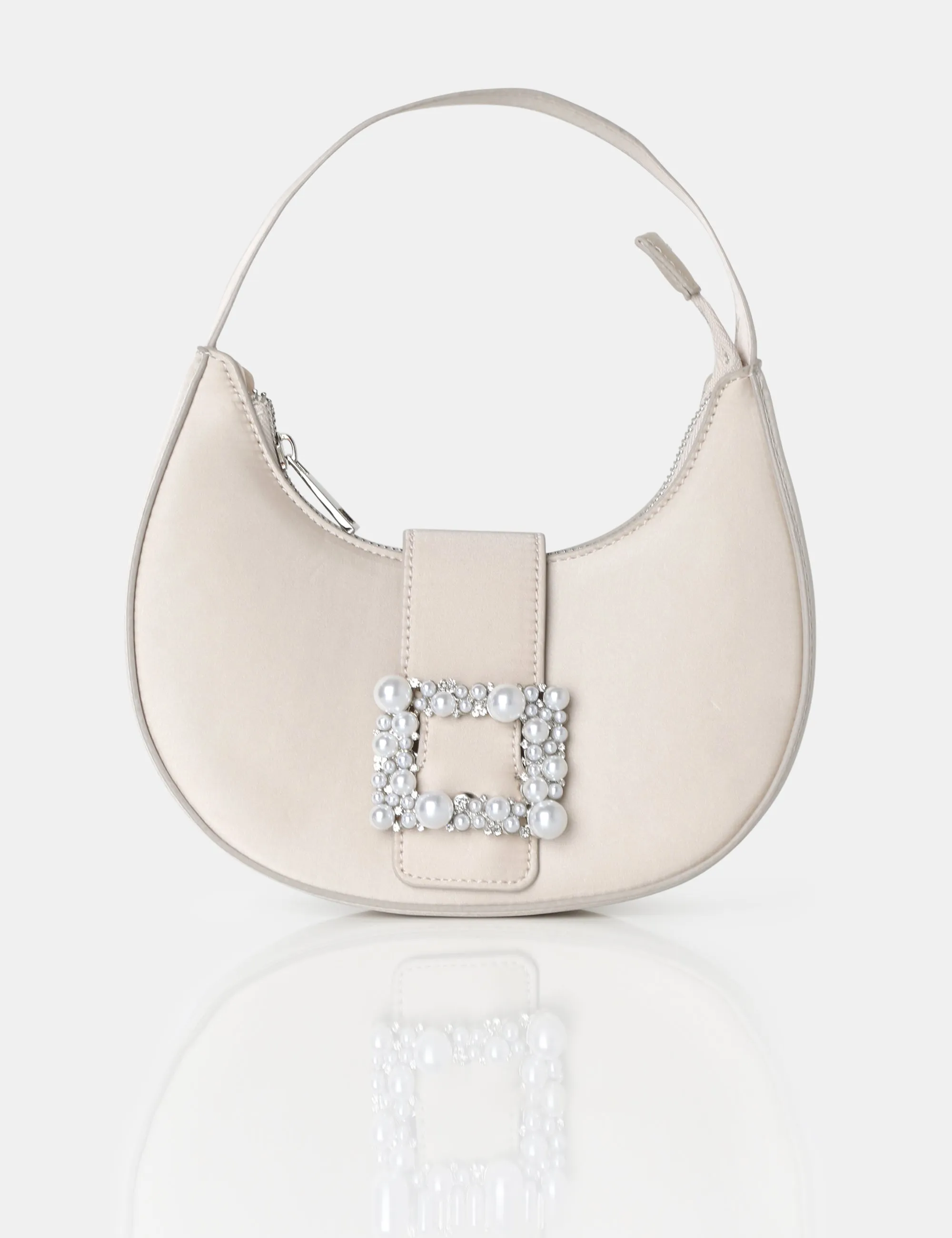 The Pearl Champagne Satin Pearled Buckle Mini Bag sold by Public Desire