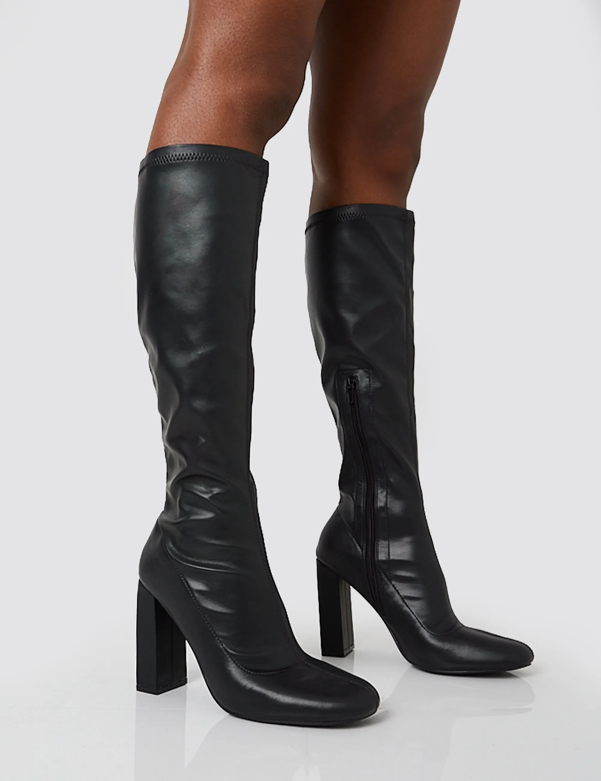 Christina Wide Fit Black Pu Pointed Toe Block Heel Knee High Boots sold by Public Desire