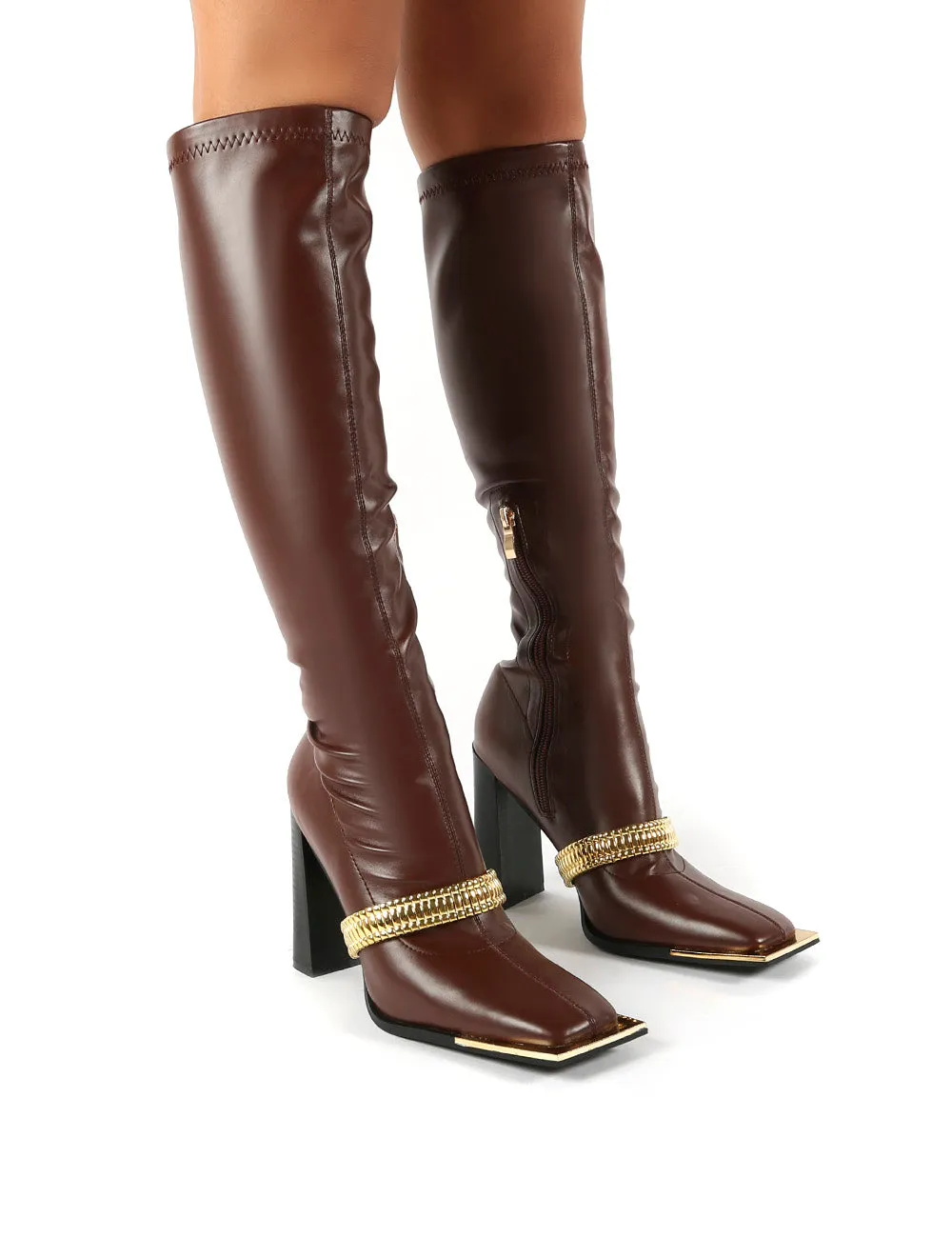 Manic Chocolate Removable Chain Detail Knee High Heeled Boots sold by Public Desire
