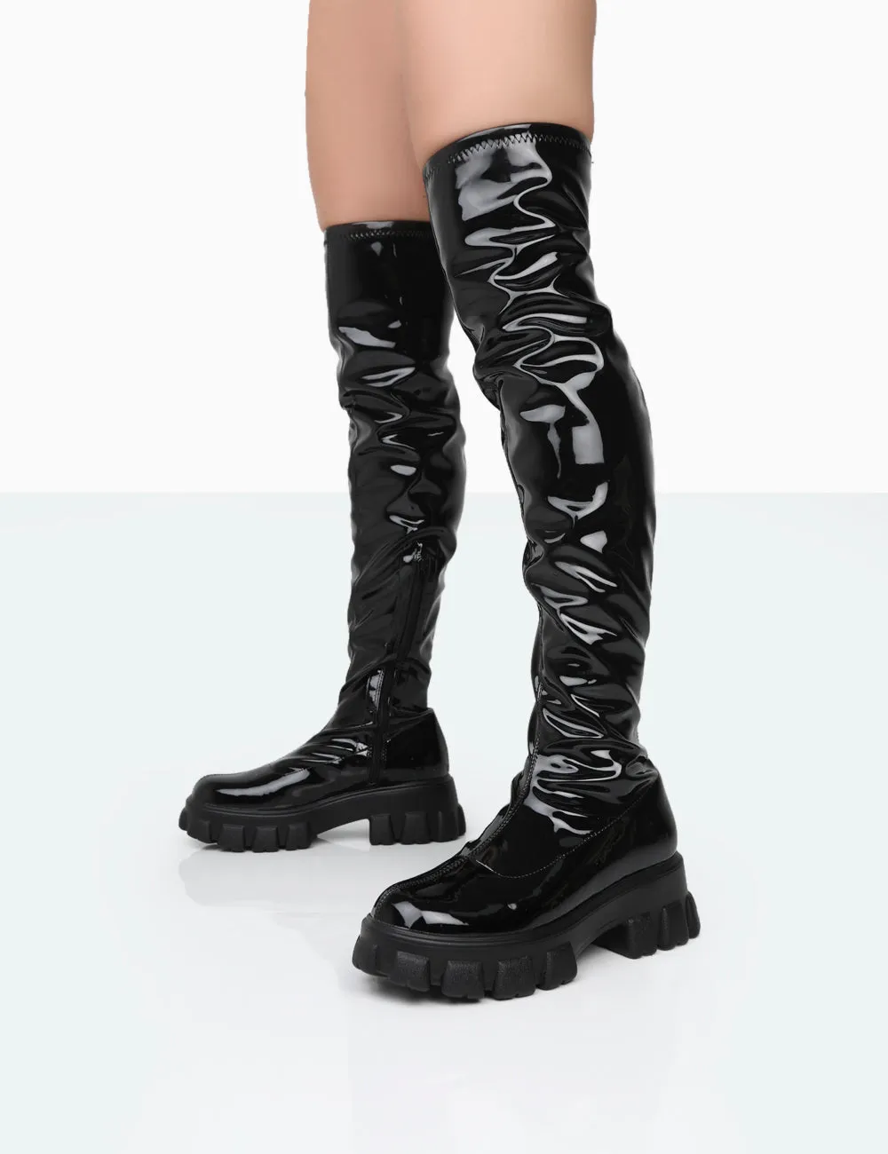 Take Chances Black Patent Chunky Sole Knee High Boots sold by Public Desire product image thumbnail 2