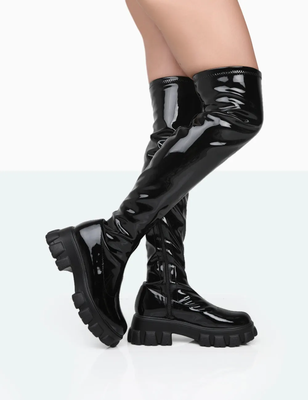 Take Chances Black Patent Chunky Sole Knee High Boots sold by Public Desire