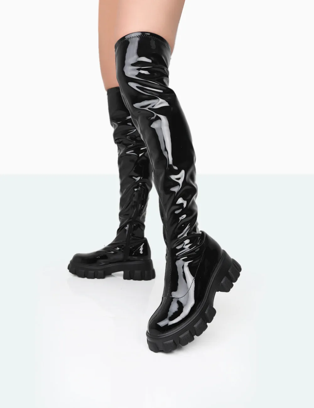 Take Chances Black Patent Chunky Sole Knee High Boots sold by Public Desire product image thumbnail 4
