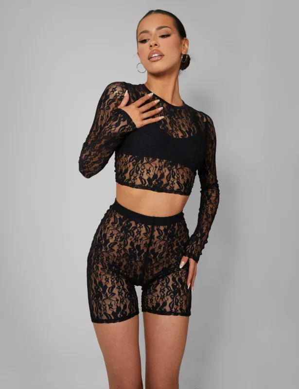 Second Skin Lace Long Sleeve Fitted T-shirt Black made by Public Desire