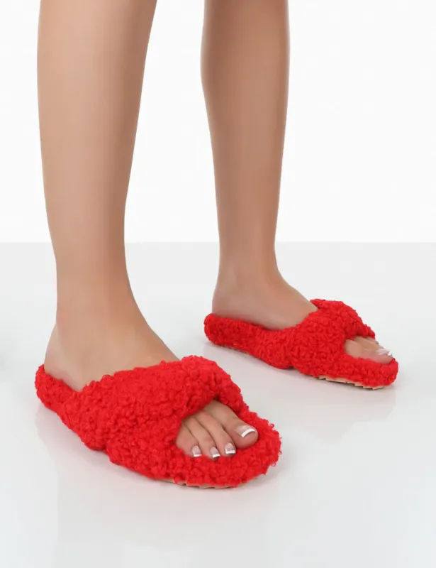 Slumber Red Teddy Cross Over Strap Slippers sold by Public Desire