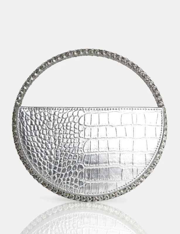 The Alessia Silver Croc Pu Circle Diamante Grab Bag sold by Public Desire