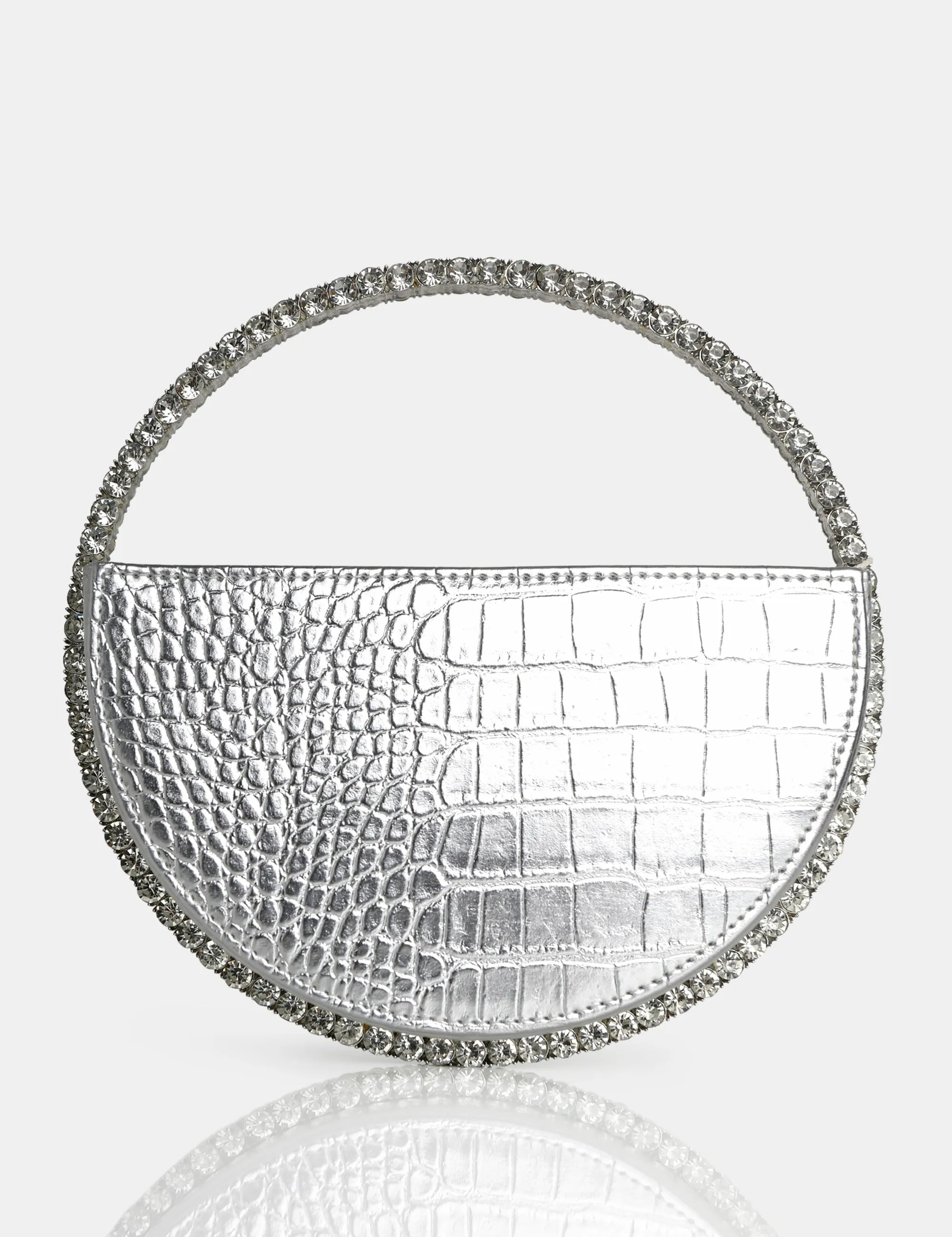 The Alessia Silver Croc Pu Circle Diamante Grab Bag sold by Public Desire
