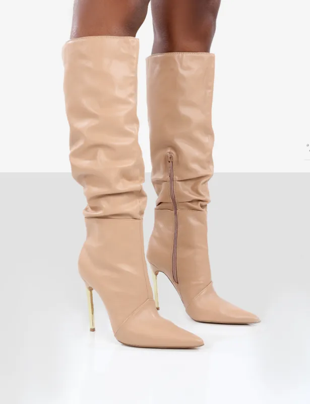 Monica Nude PU Pointed Toe Stiletto Knee High Boots sold by Public Desire