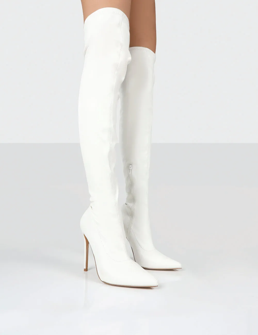 Confidence White Stiletto Heeled Over The Knee PU Boots sold by Public Desire