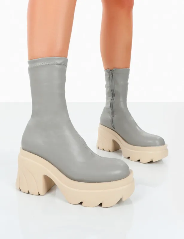 Jennie Grey Pu Platform Chunky Sole Heeled Ankle Boots sold by Public Desire