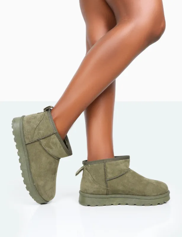 Flurry Khaki Faux Suede Ultra Mini Ankle Boots sold by Public Desire