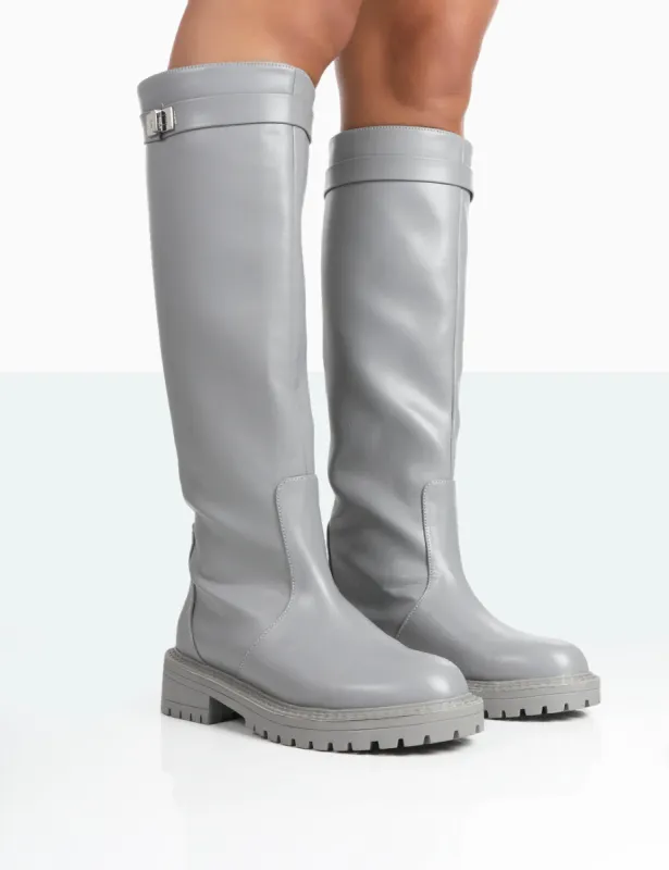 More Fun Grey PU Round Toe Chunky Sole Knee High Boots sold by Public Desire