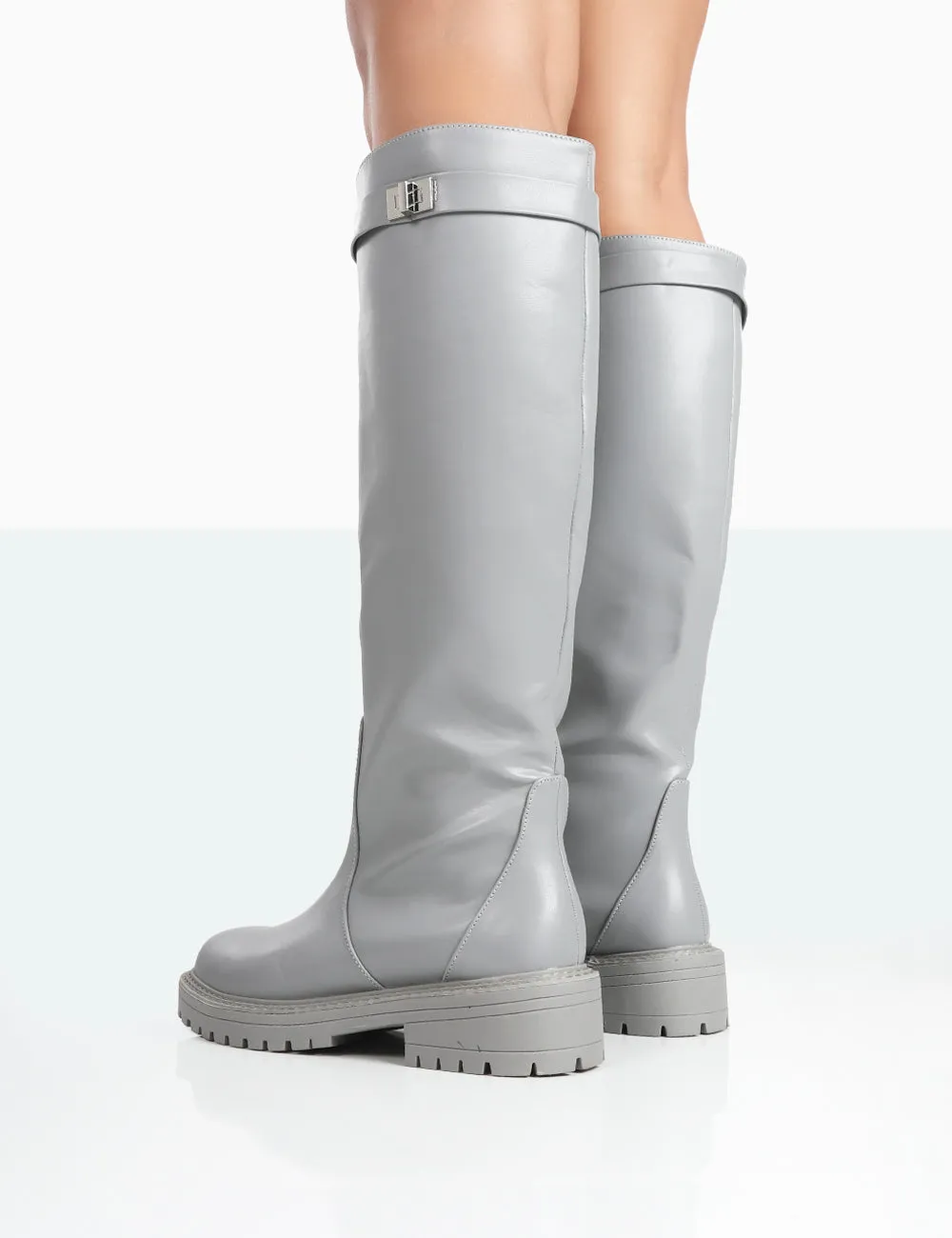 More Fun Grey PU Round Toe Chunky Sole Knee High Boots sold by Public Desire product image thumbnail 3