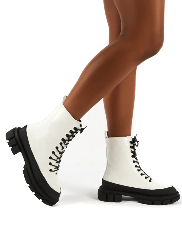 Mischief White Patent Lace Up Chunky Sole Ankle Boots sold by Public Desire