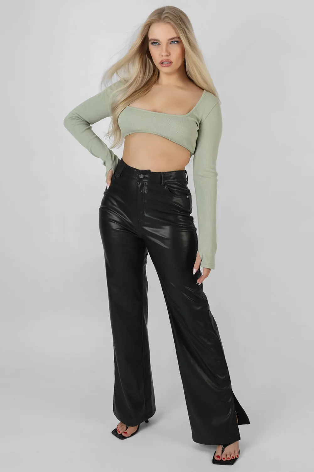 Ribbed Underbust Square Neck Crop Top Khaki sold by Public Desire