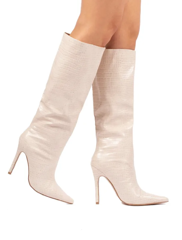 Define Stone Croc Stiletto Heeled Boots sold by Public Desire