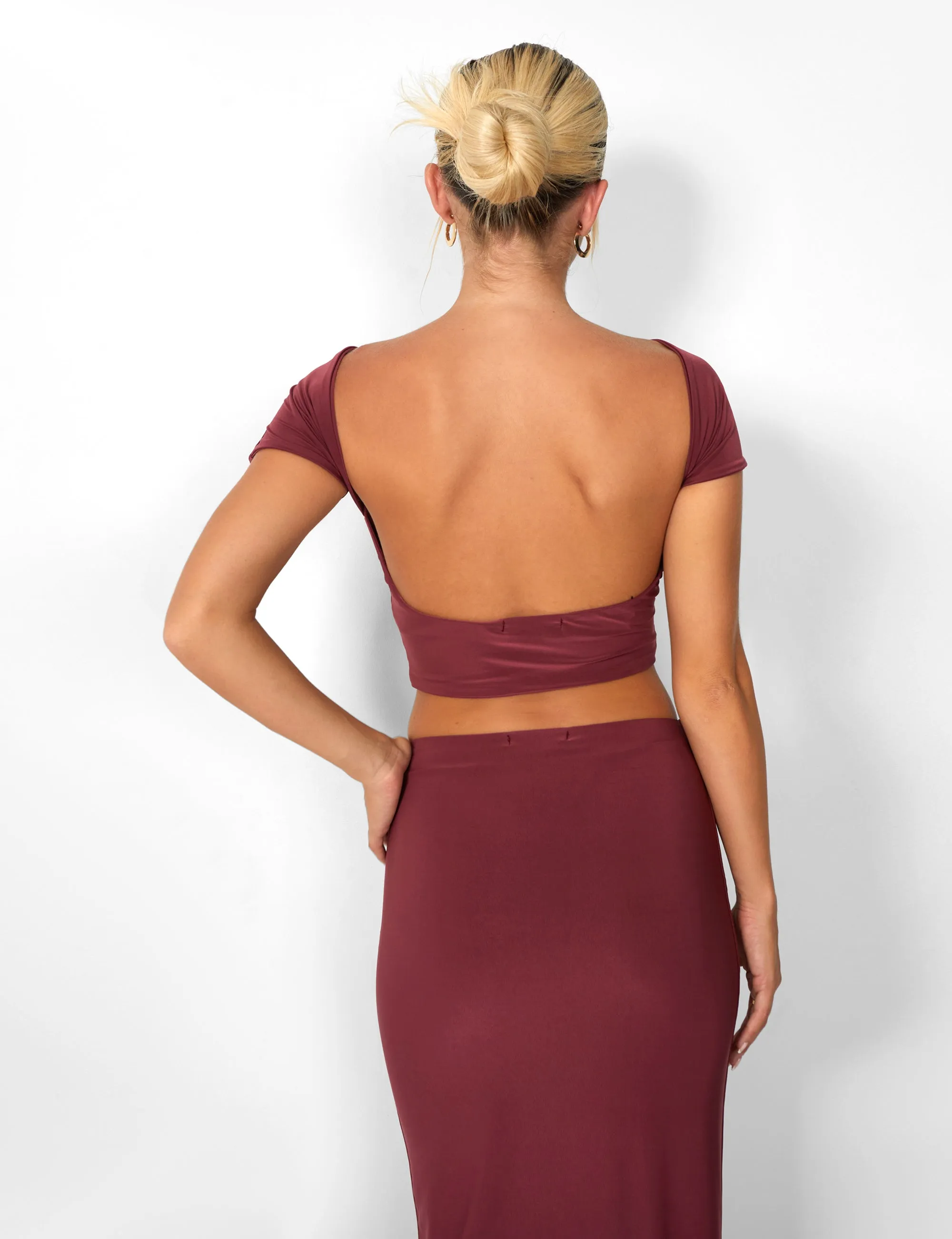 Kaiia Slinky Column Maxi Skirt Co-ord in Burgundy sold by Public Desire product image thumbnail 3