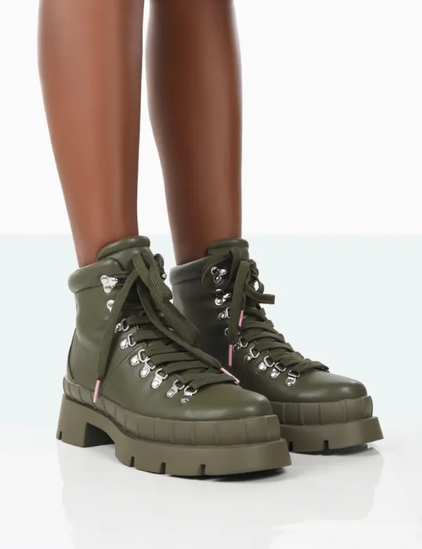 Hike There Khaki Pu Lace Up Chunky Sole Winter Boots sold by Public Desire