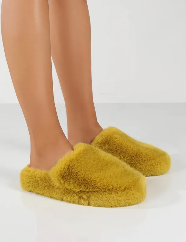 Baloo Mustard Faux Fur Fluffy Slipper sold by Public Desire