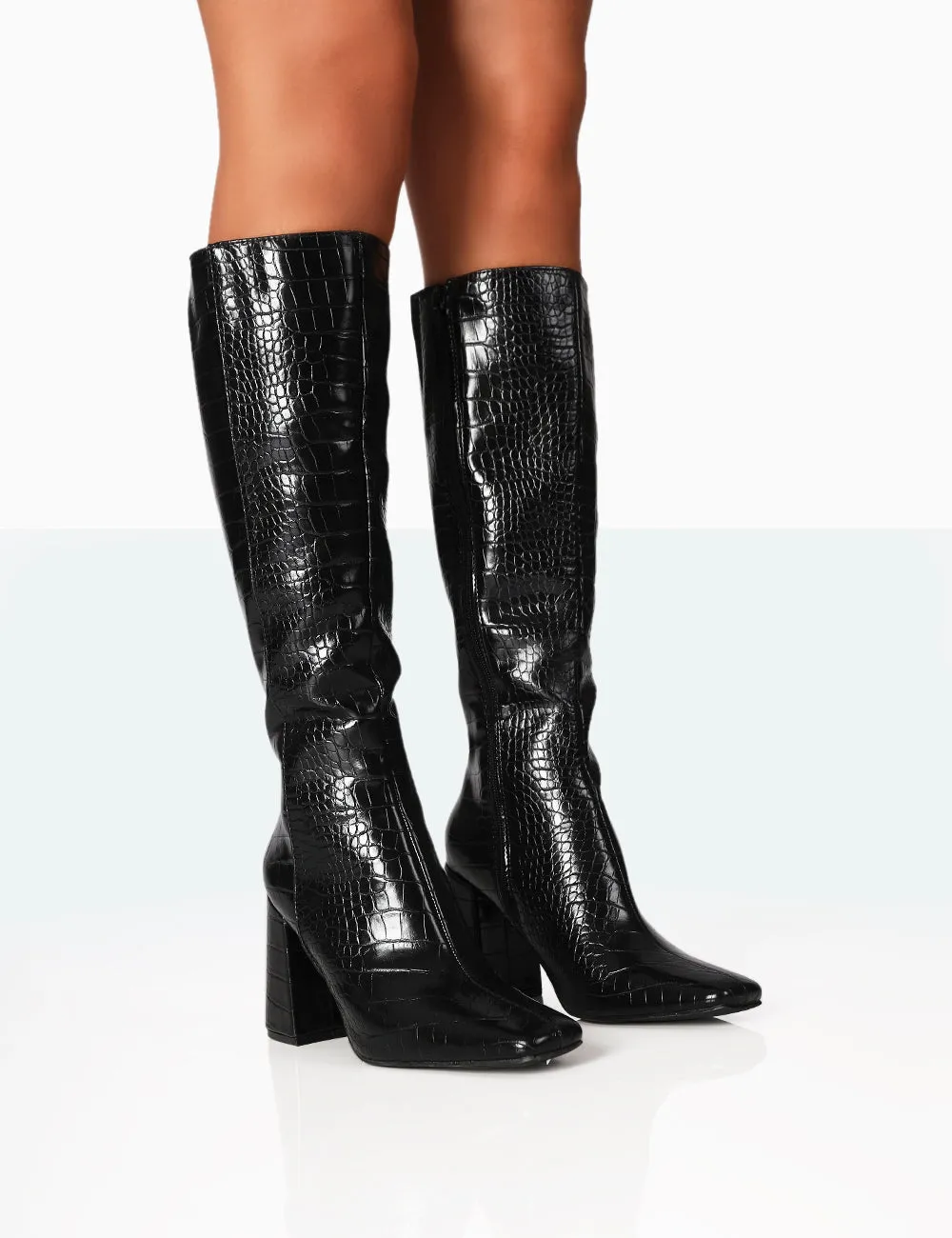 Apology Black Patent Croc Knee High Block Heel Boots sold by Public Desire
