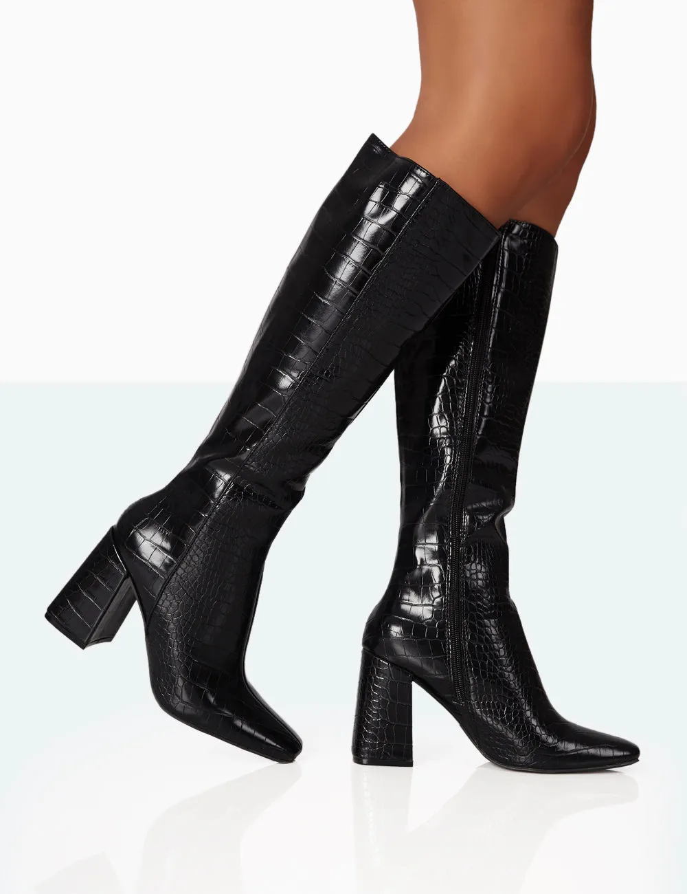 Apology Black Patent Croc Knee High Block Heel Boots sold by Public Desire product image thumbnail 2