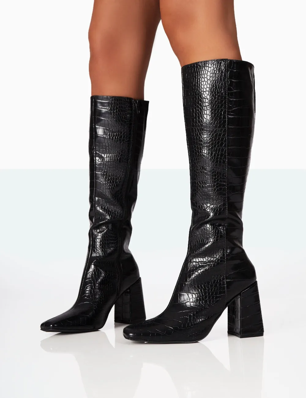 Apology Black Patent Croc Knee High Block Heel Boots sold by Public Desire product image thumbnail 3
