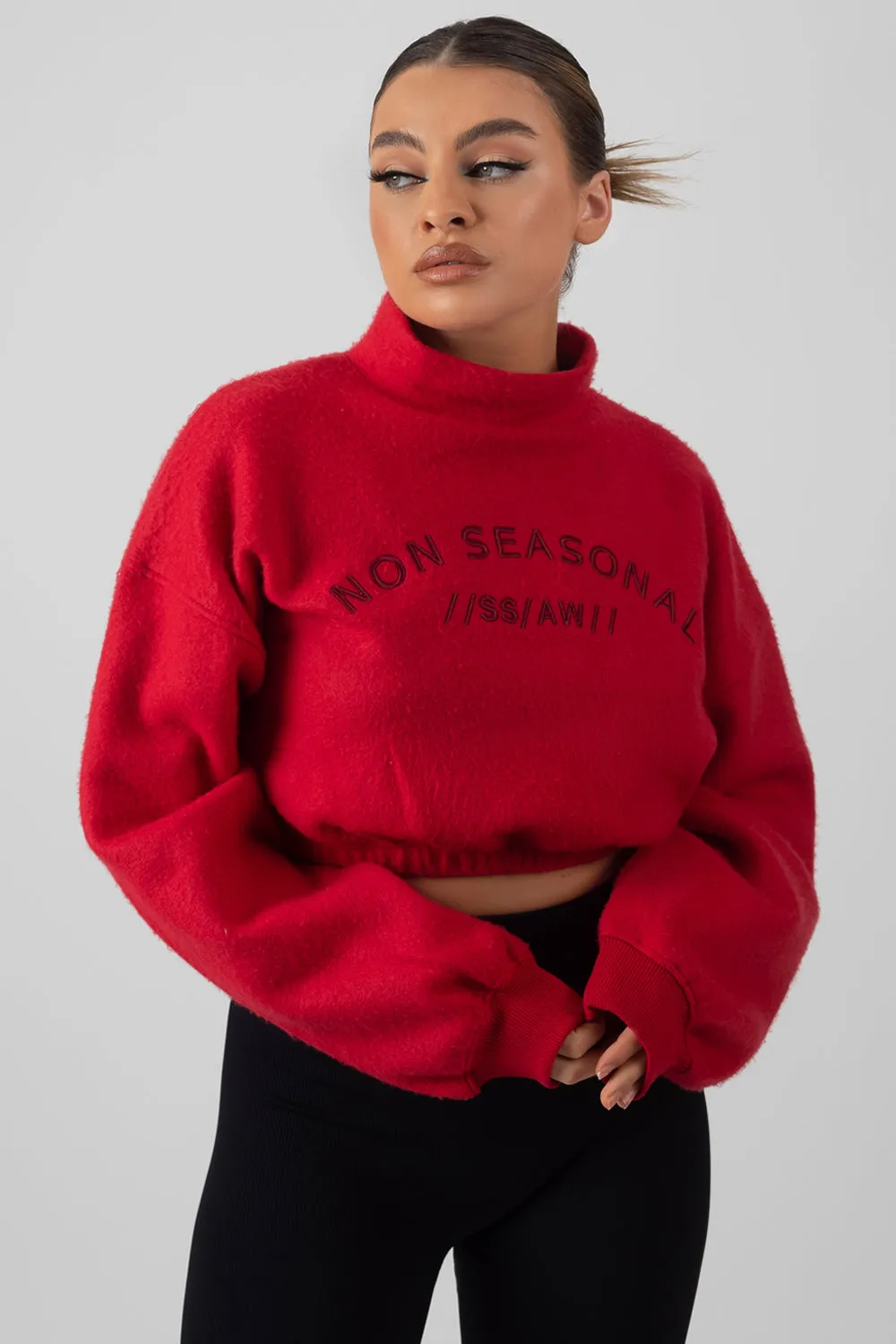 Oversized High Neck Embroidered Slogan Cropped Sweatshirt Red sold by Public Desire product image thumbnail 2