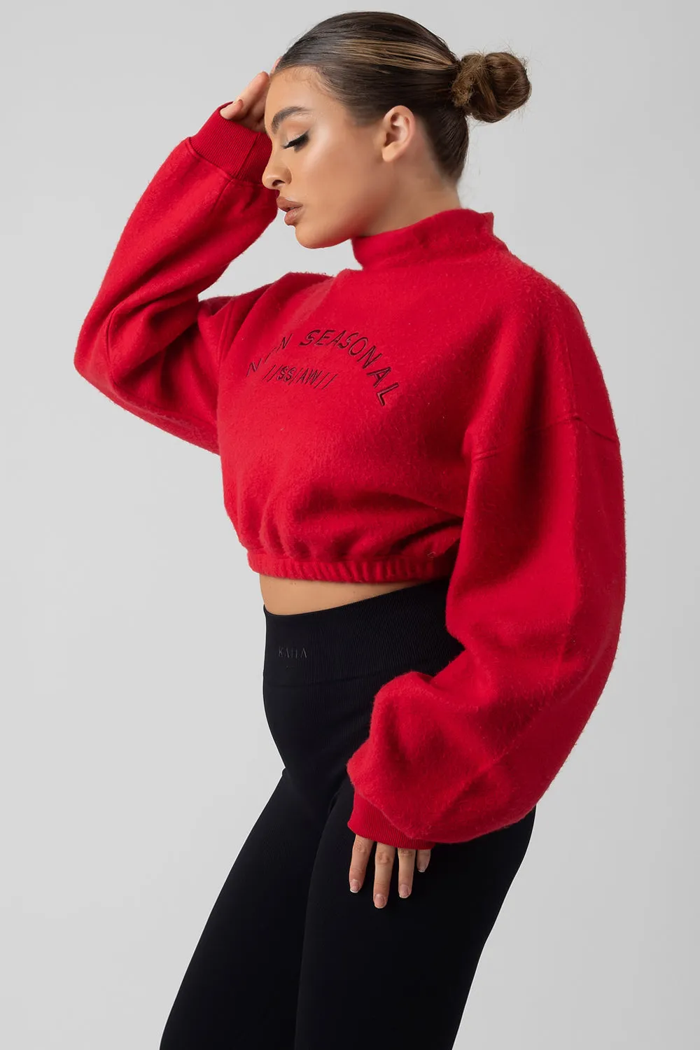 Oversized High Neck Embroidered Slogan Cropped Sweatshirt Red sold by Public Desire product image thumbnail 3
