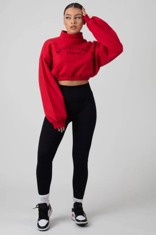 Oversized High Neck Embroidered Slogan Cropped Sweatshirt Red sold by Public Desire