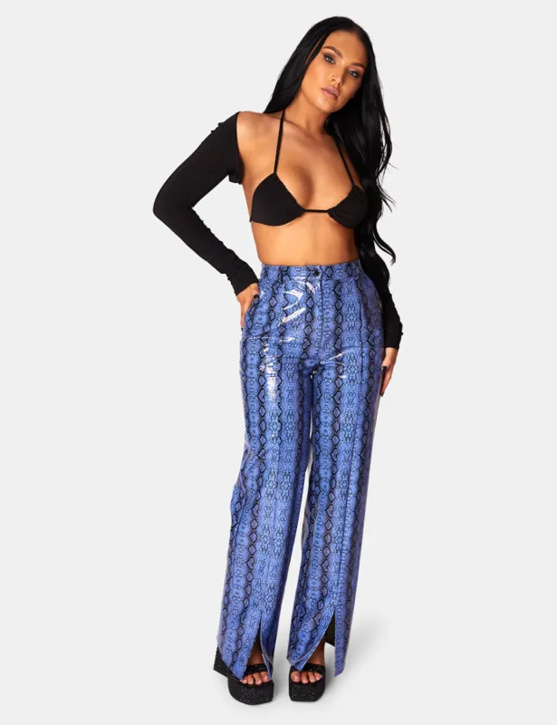 Snake Print Pu Wide Leg Trousers Blue sold by Public Desire
