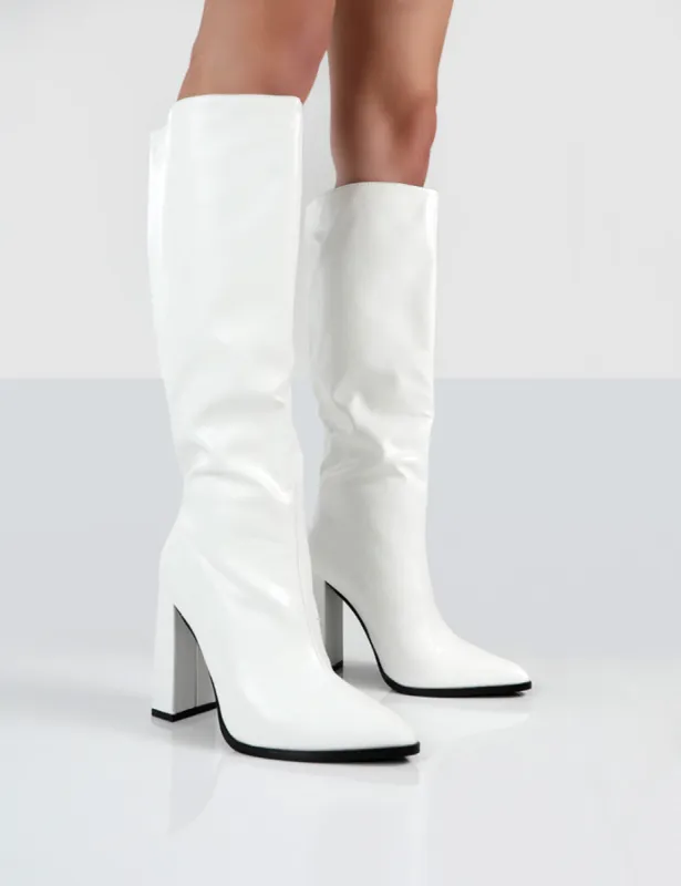 Posie White PU Knee High Block Heel Boots sold by Public Desire