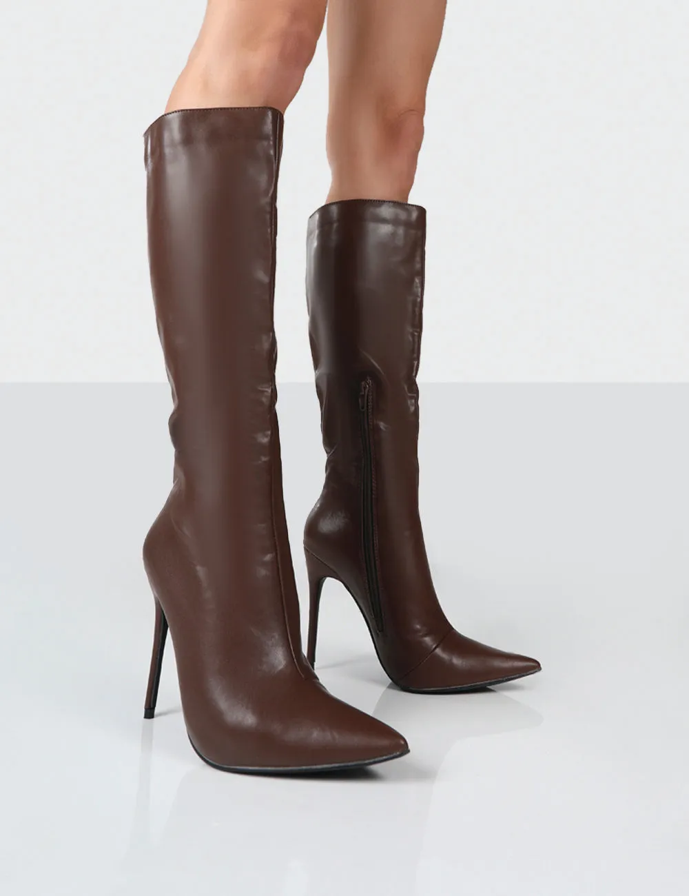 Horizon Choc PU Stiletto Knee High Boots sold by Public Desire