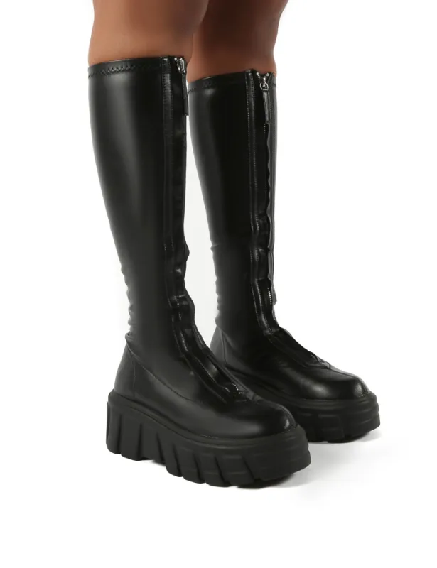 Quest Black Zip Up Chunky Sole Knee High Boots sold by Public Desire
