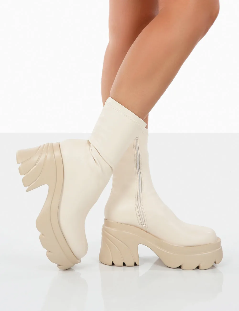 Jennie Ecru Pu Platform Chunky Sole Heeled Ankle Boots sold by Public Desire product image thumbnail 4