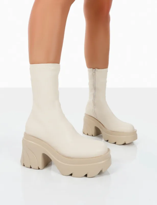 Jennie Ecru Pu Platform Chunky Sole Heeled Ankle Boots sold by Public Desire