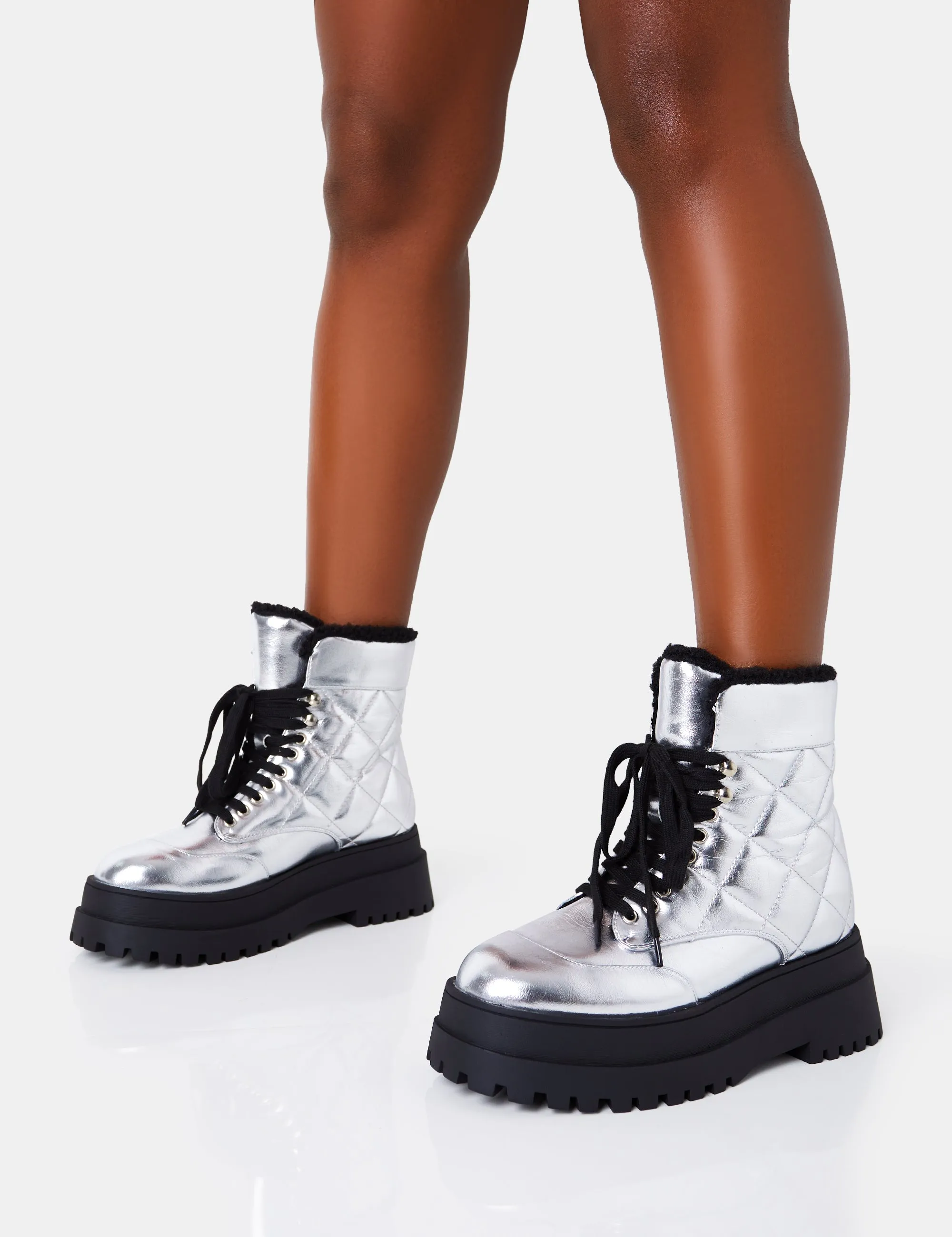 Magda Silver Patent Quilted Chunky Sole Rounded Toe Ankle Boots sold by Public Desire product image thumbnail 3