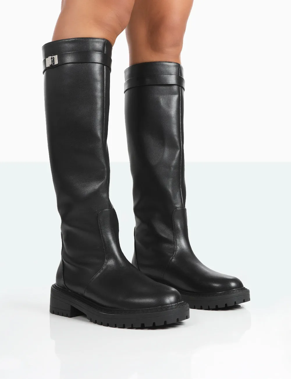 More Fun Black Pu Round Toe Chunky Sole Knee High Boots sold by Public Desire
