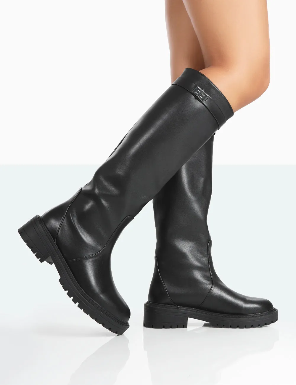 More Fun Black Pu Round Toe Chunky Sole Knee High Boots sold by Public Desire product image thumbnail 2