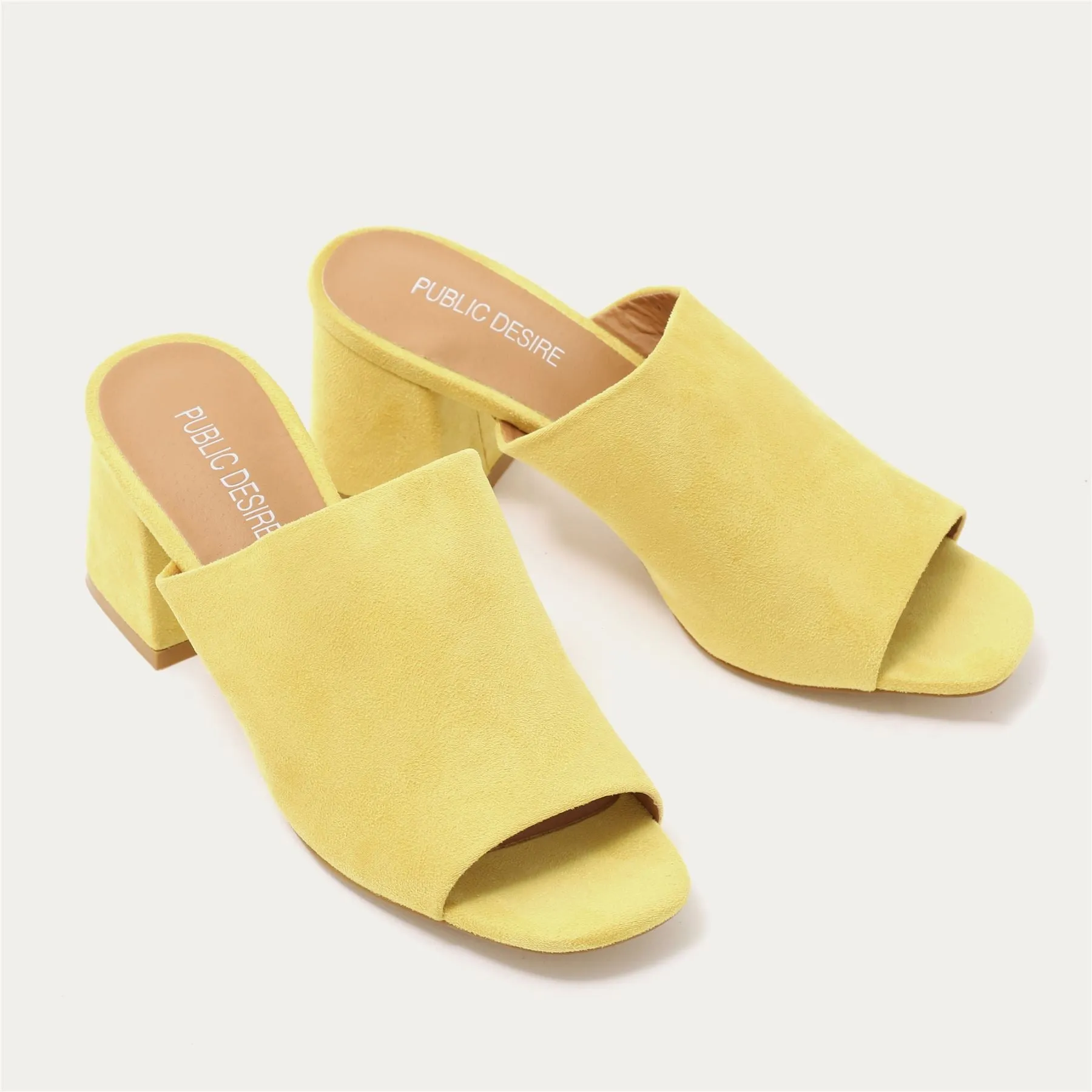 Promise Flared Block Heel Mules in Yellow Faux Suede sold by Public Desire product image thumbnail 2
