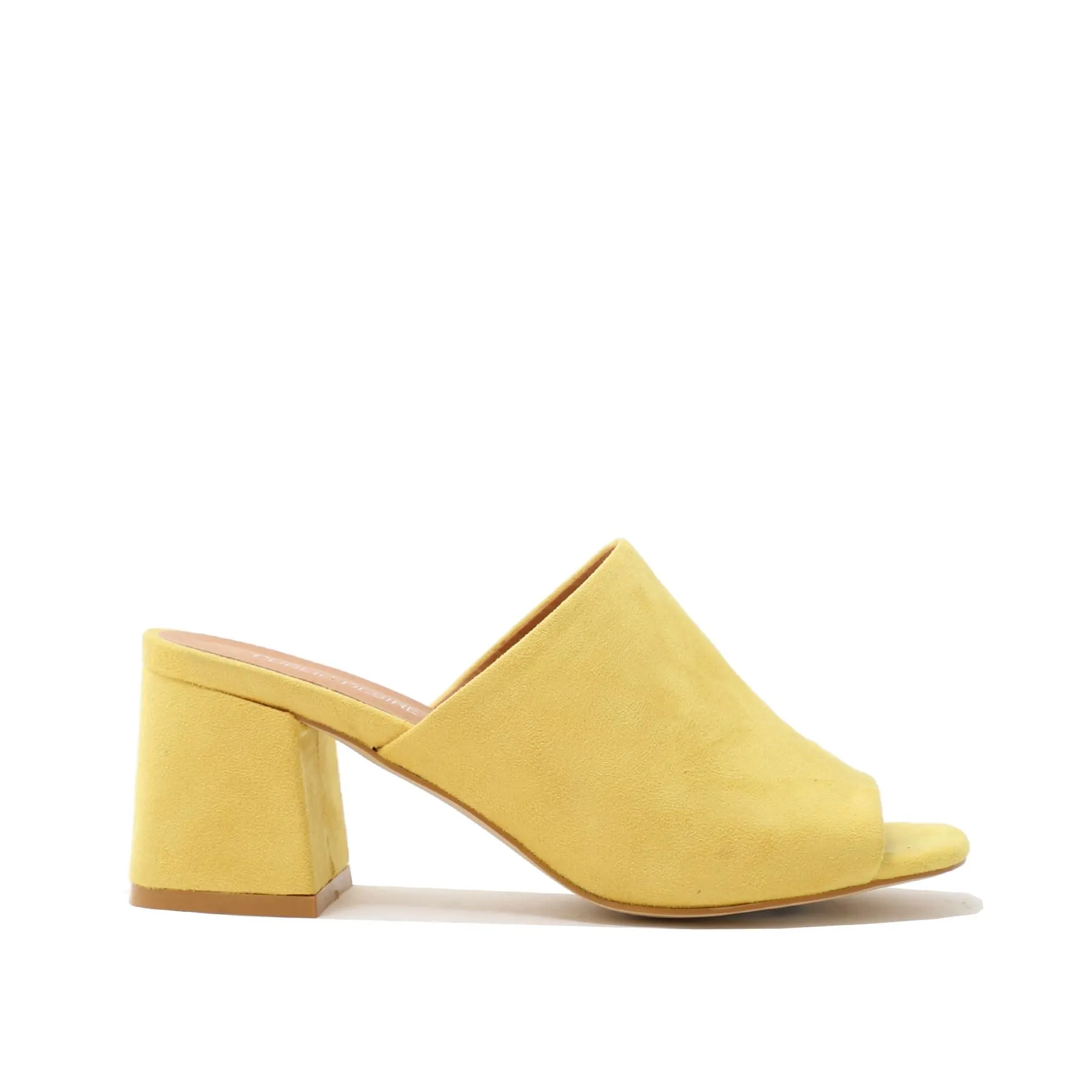 Promise Flared Block Heel Mules in Yellow Faux Suede sold by Public Desire