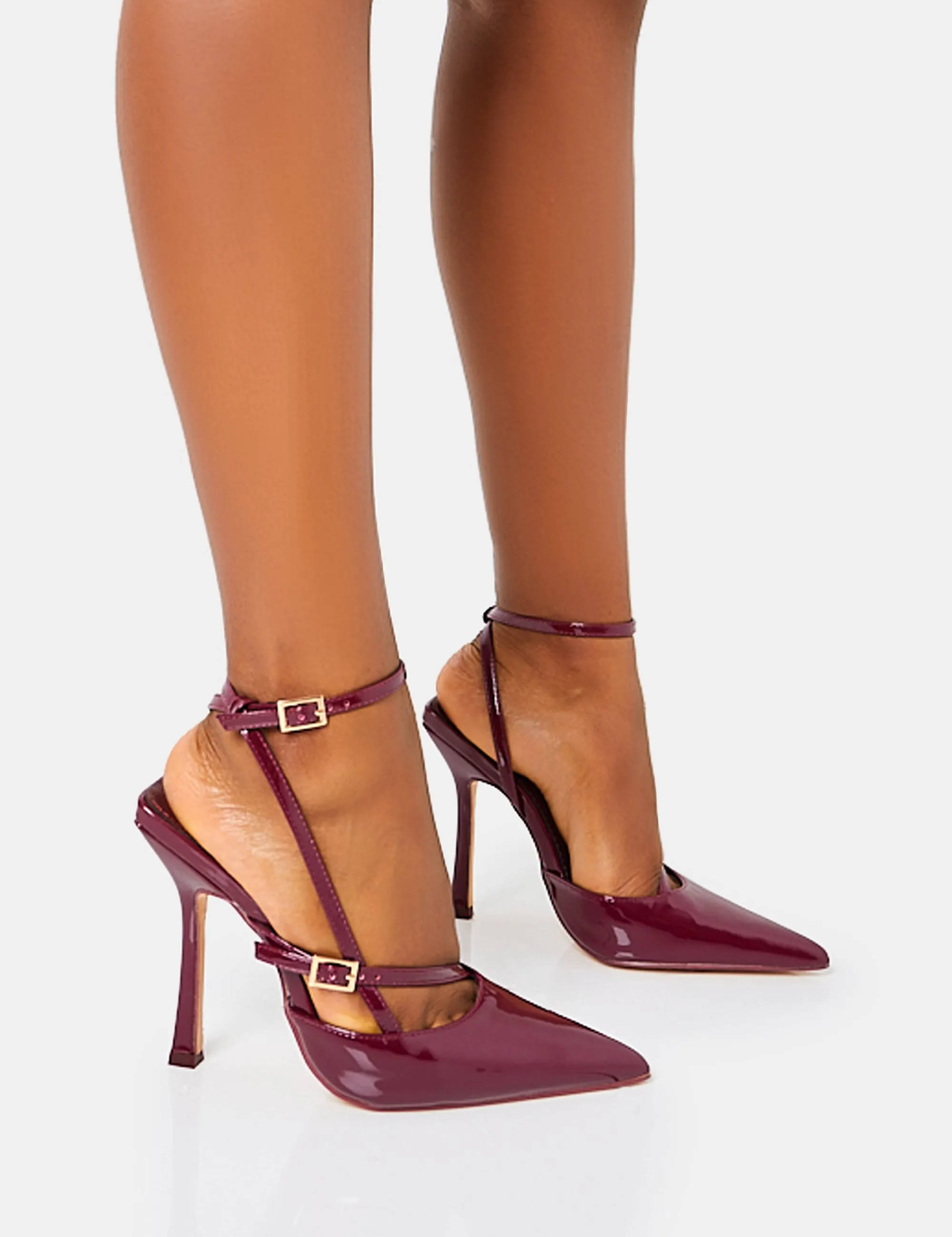 Idol Burgundy Patent Buckle Strappy Detail Stiletto Court High Heels sold by Public Desire