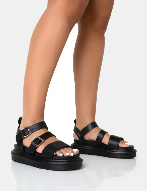 Macy Black Pu Chunky Buckle Strap Sandals sold by Public Desire