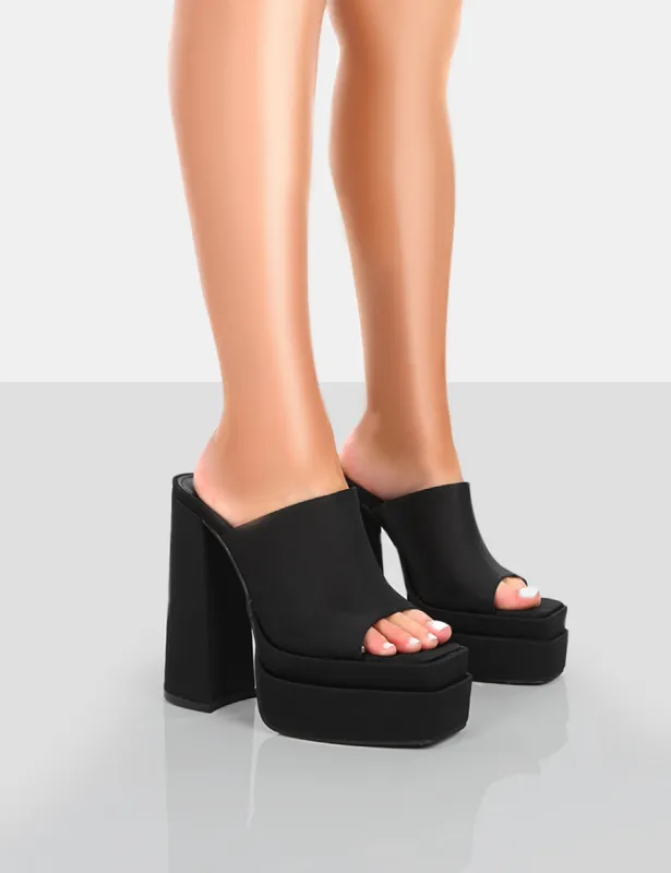 Skyhigh Black Satin Chunky Platform High Heeled Mules sold by Public Desire