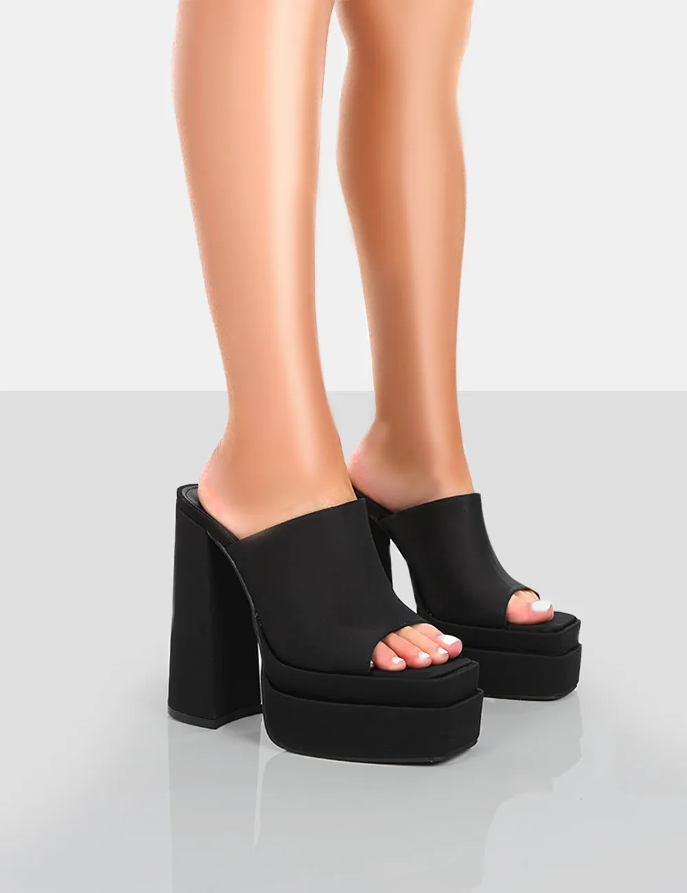 Skyhigh Black Satin Chunky Platform High Heeled Mules sold by Public Desire