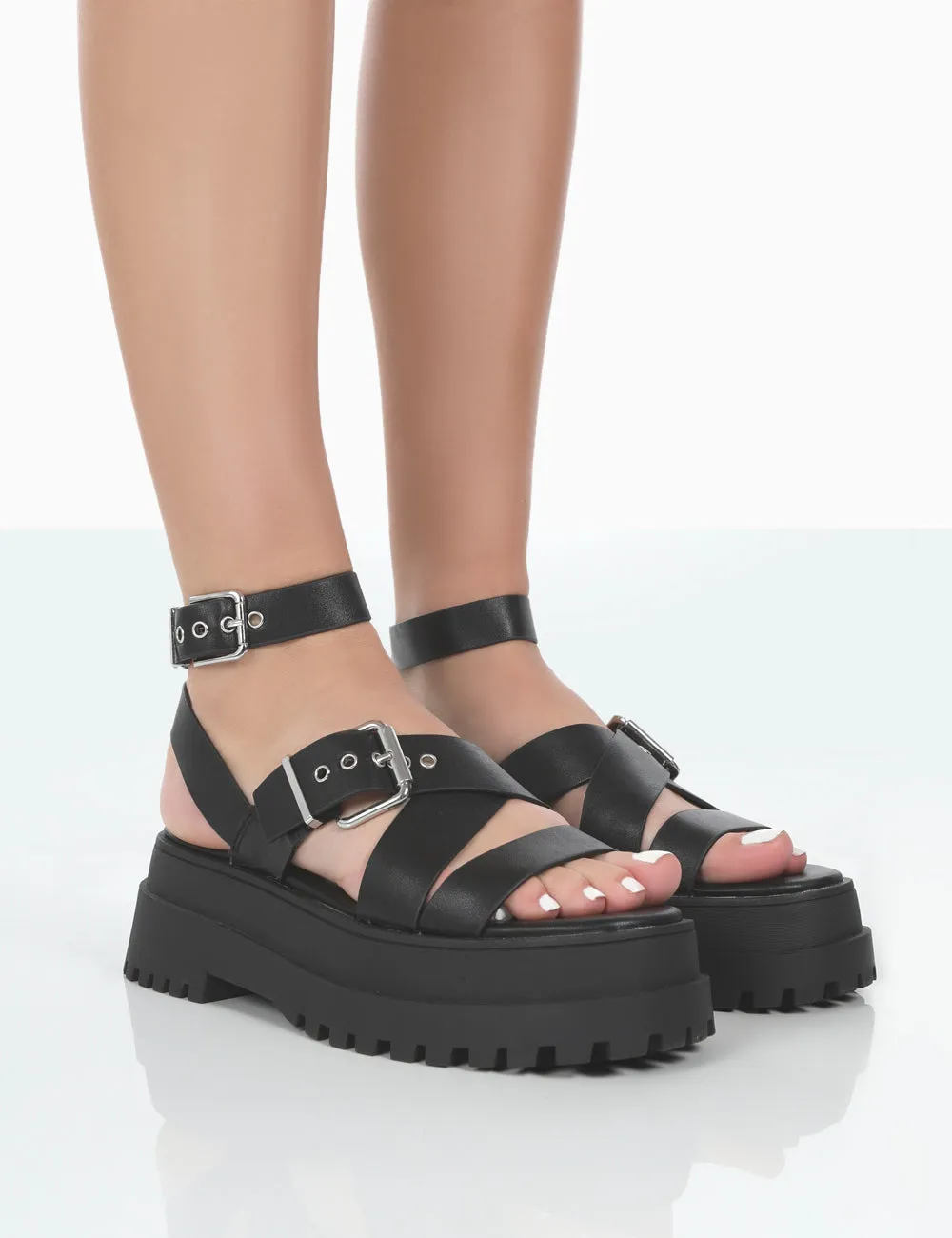Follow Black PU Chunky Buckle Sandals sold by Public Desire