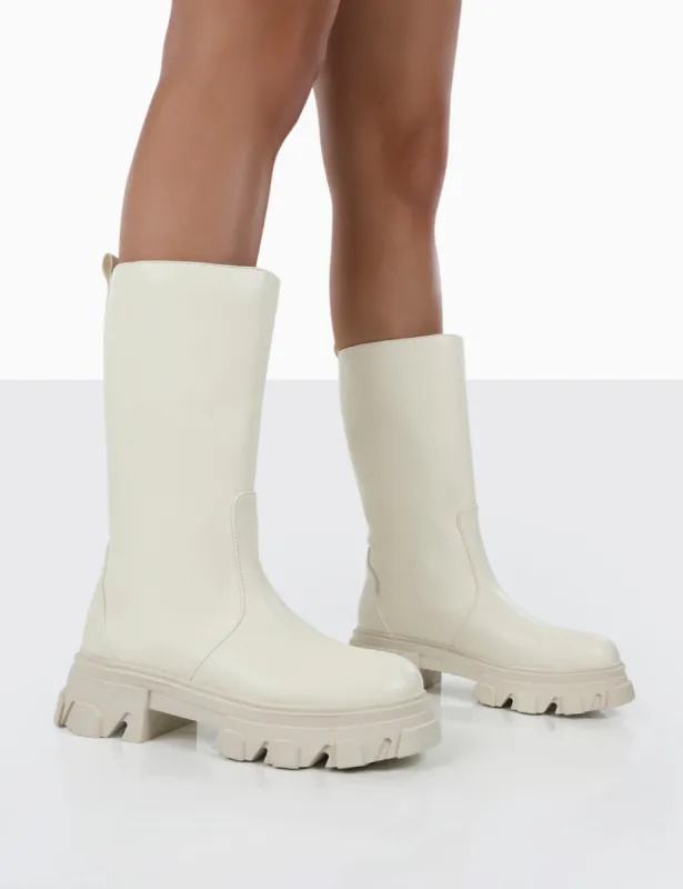 Jolie Ecru Pu Knee High Chunky Sole Long Boots sold by Public Desire