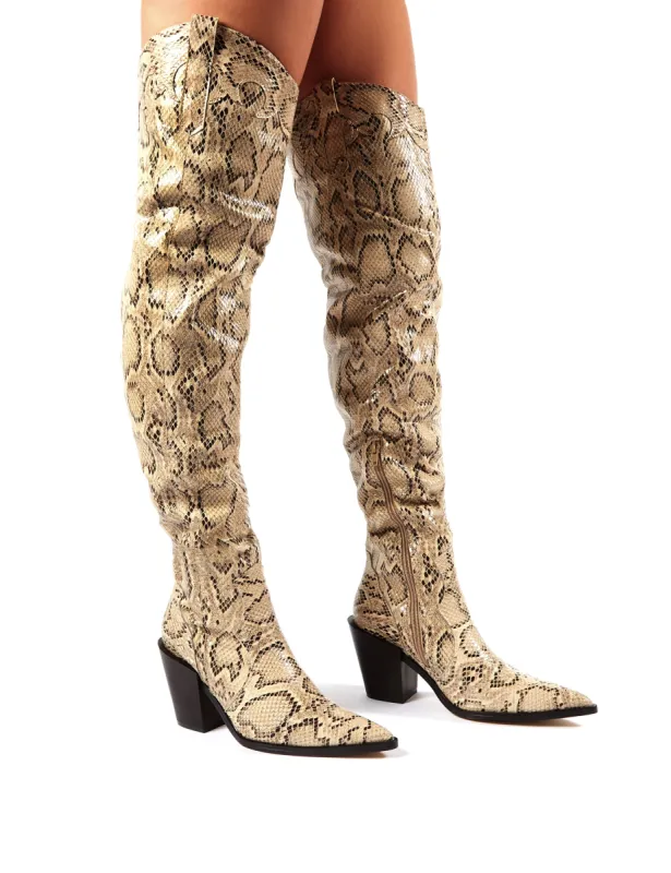 Dallas Snakeskin Western Block Heeled Over the Knee Boots sold by Public Desire